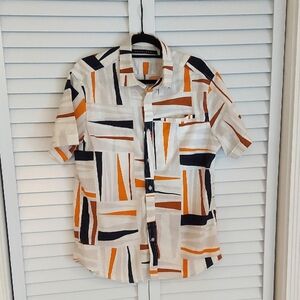 Sean John Shirt, Size L, Linen, Classic Casual Buttondown, Modern Graphic, Cream